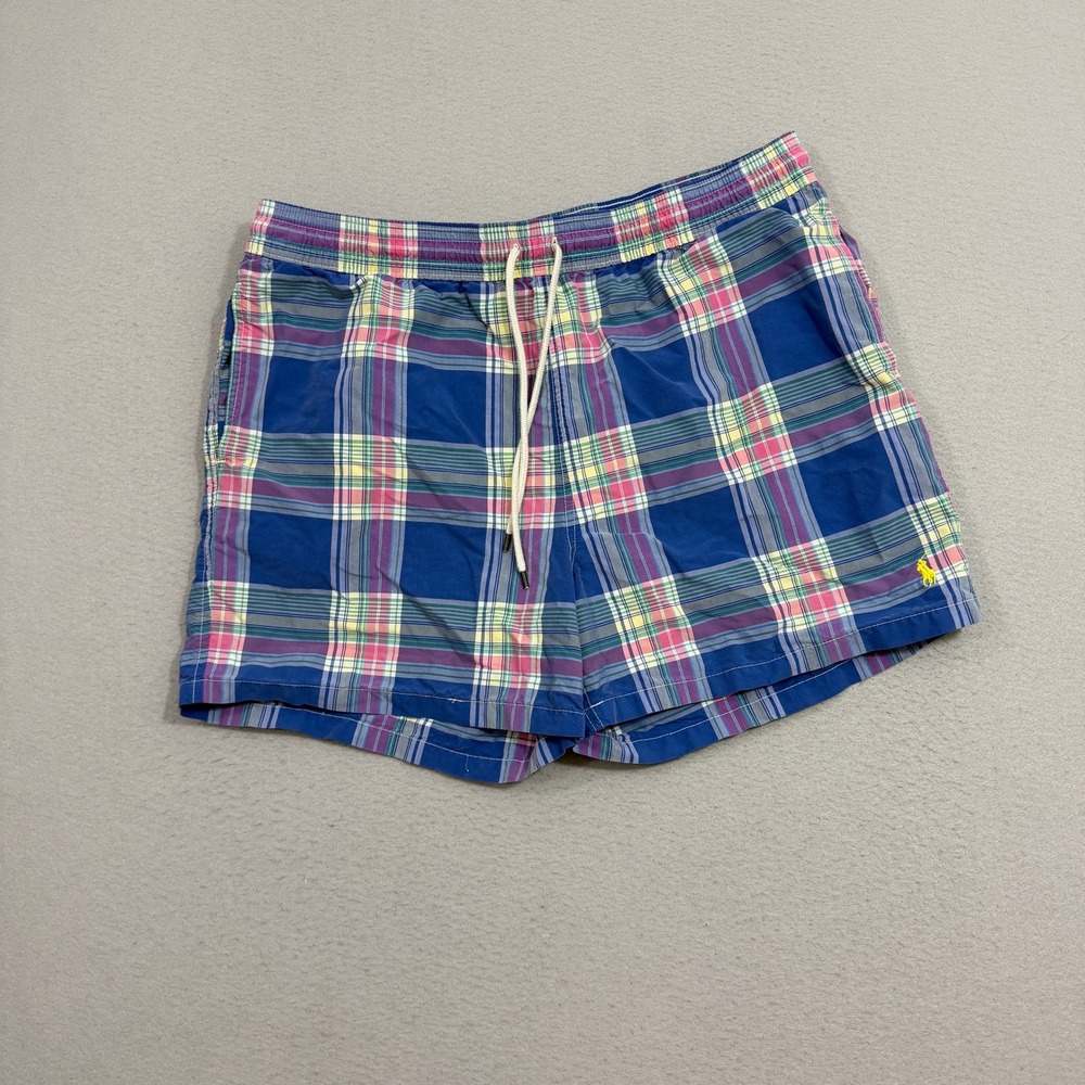 Polo Ralph Lauren Swim Shorts Men XL Blue Plaid Trunks Mesh Lined Drawstring